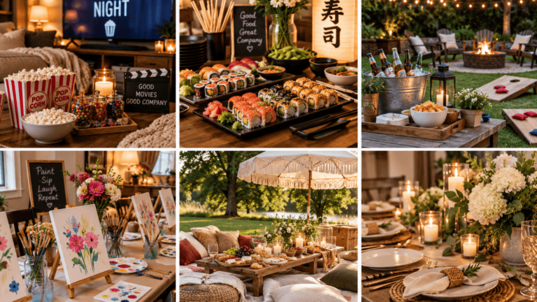 Beautiful outdoor and indoor party setups with food, decor, and lighting.