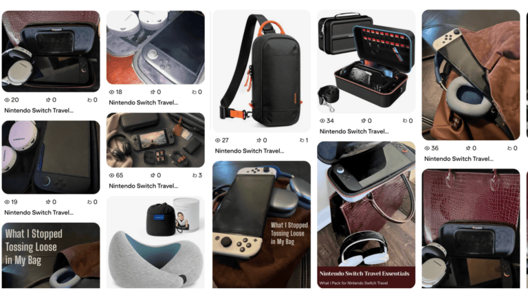 Collection of travel accessories including Nintendo Switch cases, backpacks, and tech gadgets.