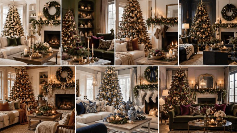 Festive Christmas trees and holiday decorations in cozy living rooms.
