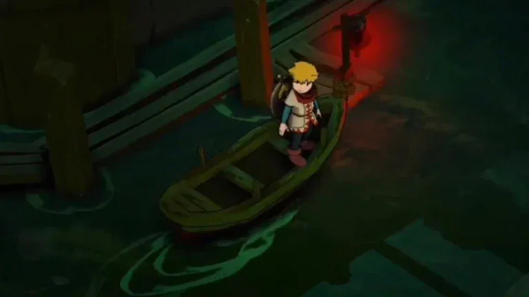 Character in boat at night with lantern in a dark water setting.
