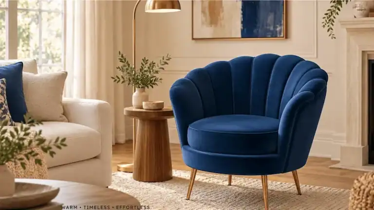 Elegant blue shell-shaped accent chair in a cozy living room setting.