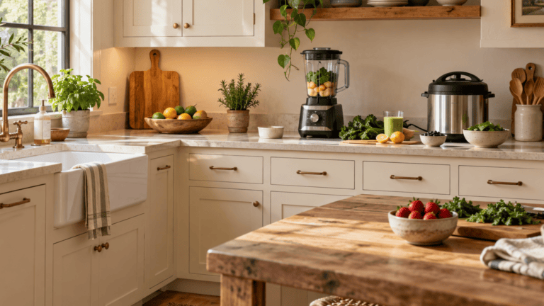 Bright kitchen with white cabinets, wooden island, and fresh fruits and vegetables.