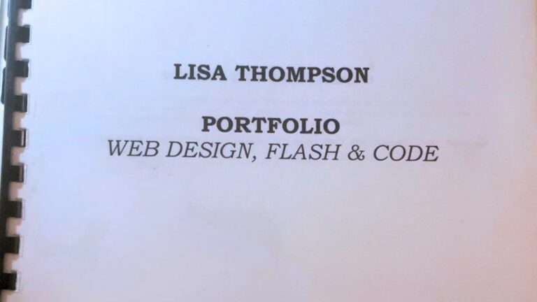Portfolio cover page for Lisa Thompson showcasing web design, flash, and coding skills.