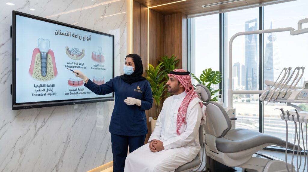 طبيبة أسنان في عيادة سعودية تشرح لمريض أنواع زراعة الأسنان (التقليدية، الفورية، فوق العظم، المصغرة) على شاشة رقمية تفاعلية بمجموعة الحقيل الطبية.