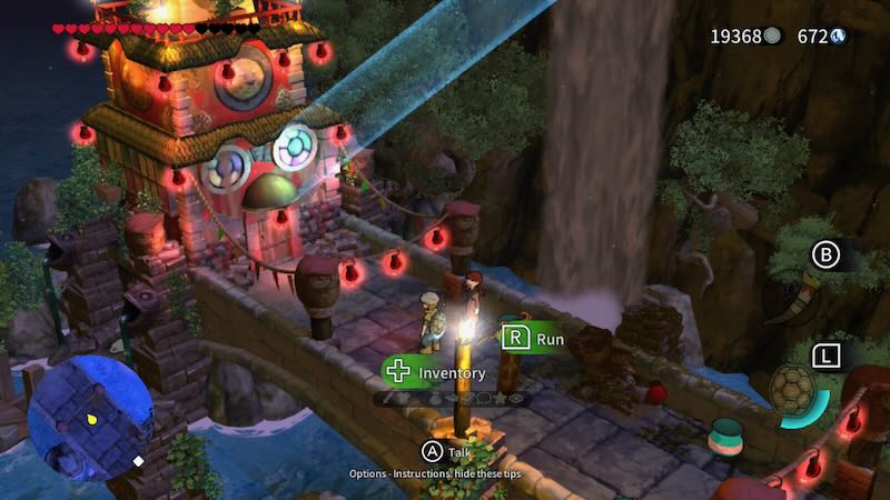 Colorful, whimsical Nintendo-themed landscape with waterfalls and structures.