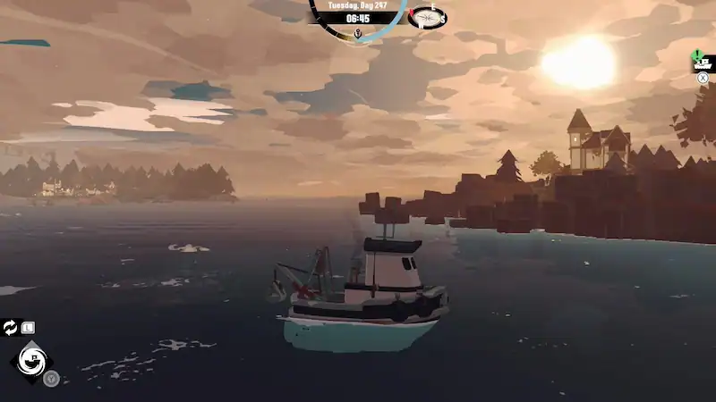 A boat sailing on the water near a coastal village at sunset.