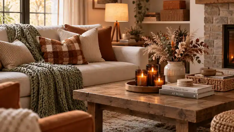 Warm living room with candles, pillows, and autumn accents.
