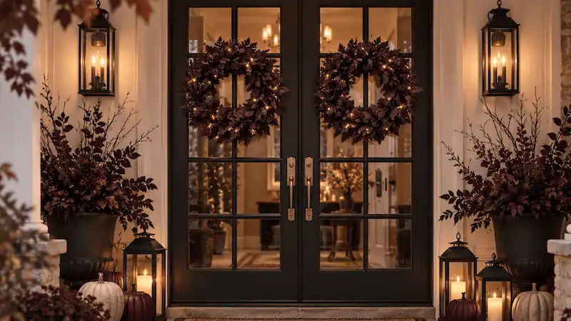Festive Halloween front door with wreaths, pumpkins, and lanterns for cozy holiday ambiance.