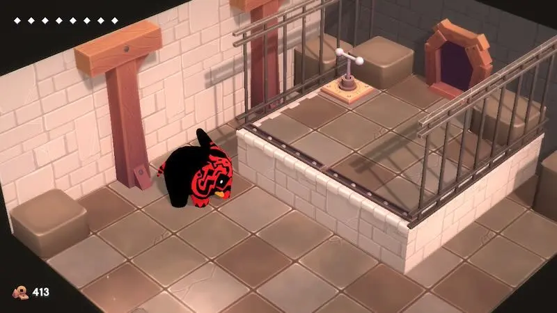 Puzzle game scene with a black cat and a small enclosed area.
