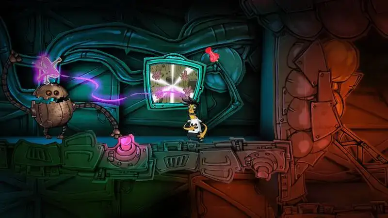 Colorful puzzle game scene with a robot, a mirror, and vibrant lighting effects.