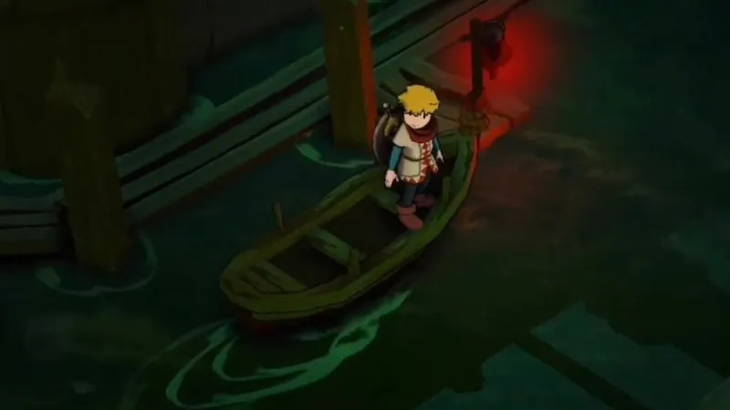 Character in boat at night with lantern in a dark water setting.