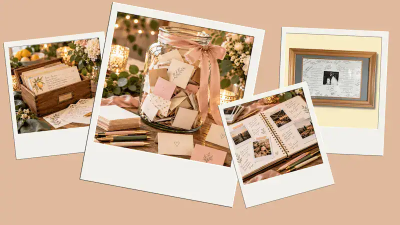 Unique guest book ideas including a wooden box, jar, and framed keepsake.