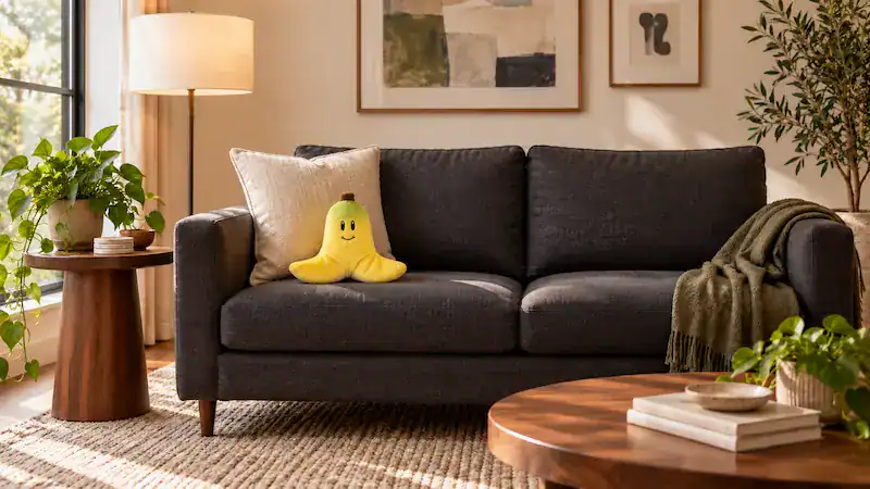 Cozy living room featuring a Nintendo-themed plush toy on the sofa.