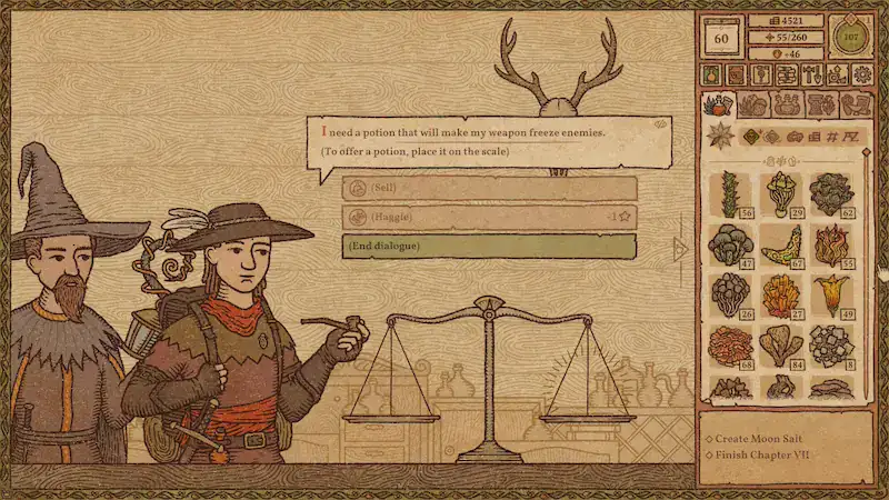 Illustration of fantasy characters with a scale and game interface elements.