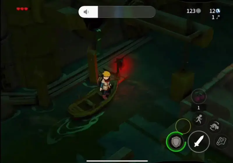 A character in a boat on water with game interface elements visible.