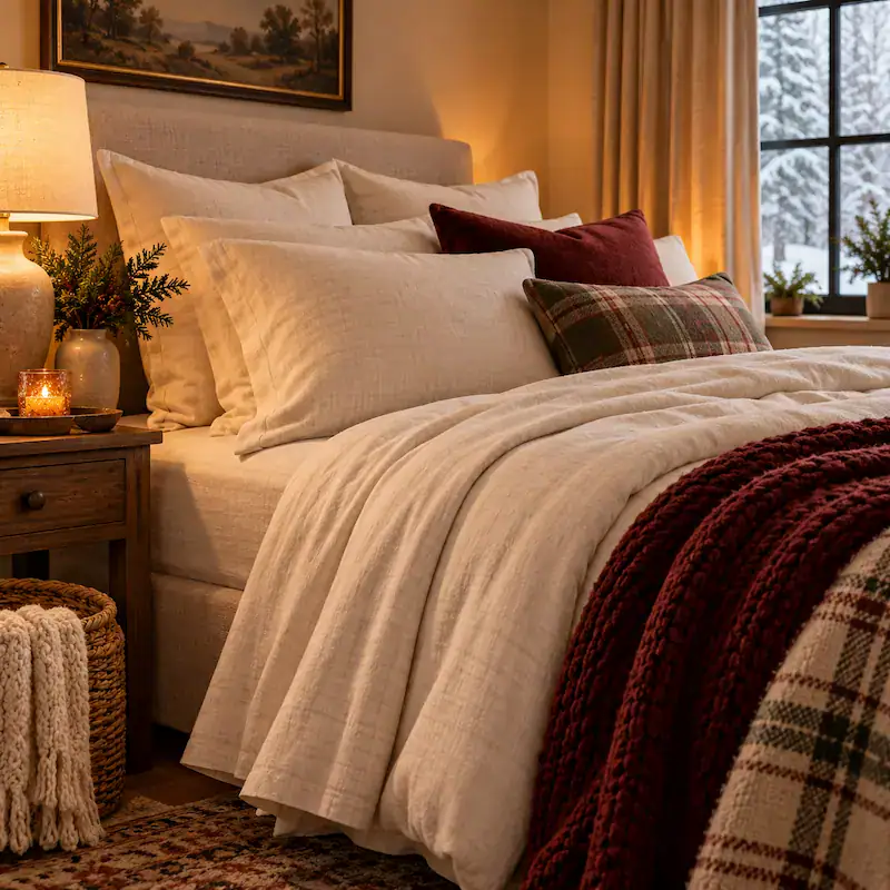 Cozy bedroom with warm lighting, plush bedding, and decorative pillows.
