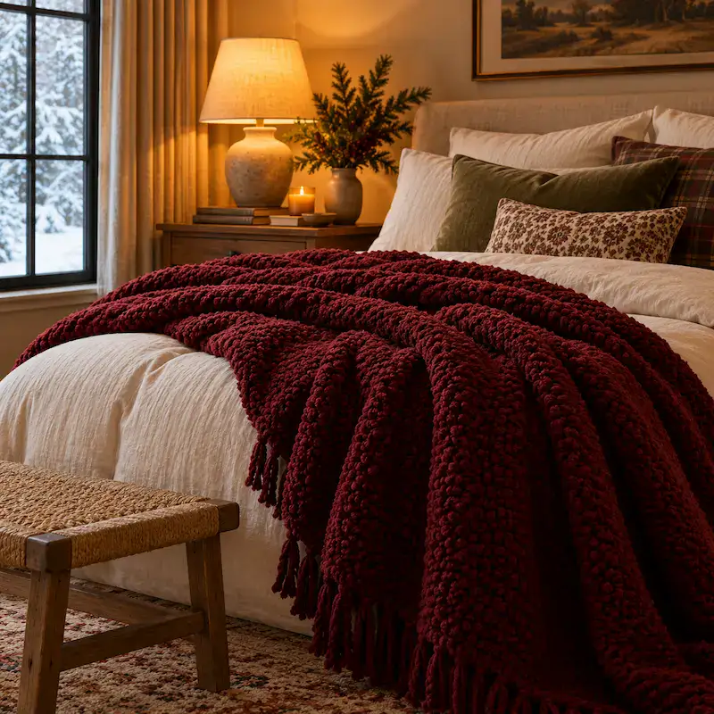 Cozy bedroom with warm lighting, plush bedding, and decorative pillows.