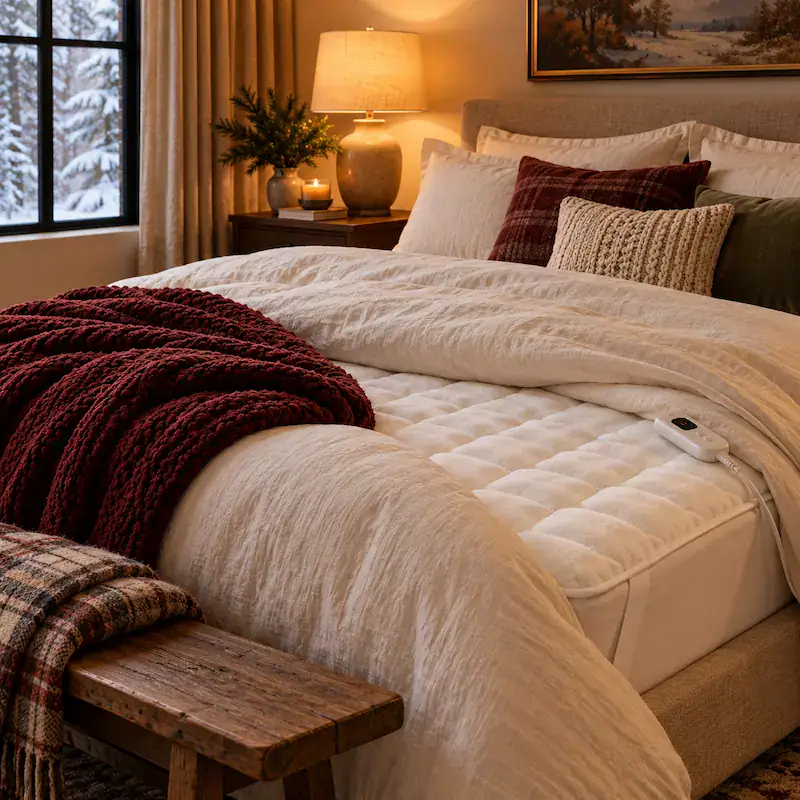 Cozy bedroom with warm lighting, plush bedding, and decorative pillows.