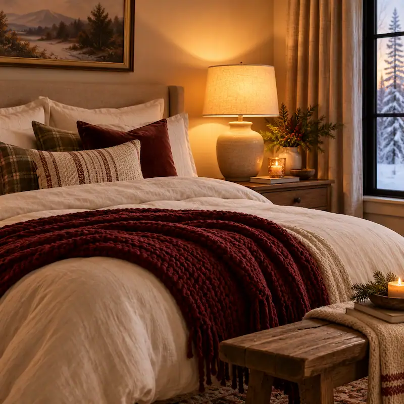 Cozy bedroom with warm lighting, plush bedding, and winter view outside window.