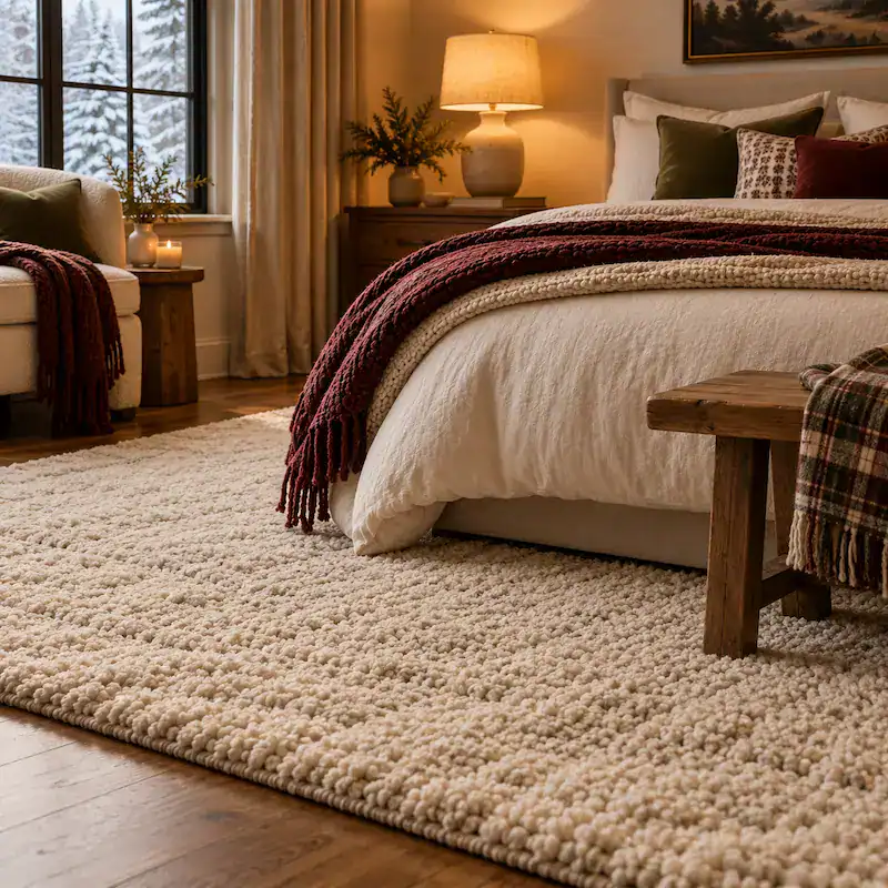 Cozy bedroom with plush rug, warm lighting, and rustic decor for comfort and style.