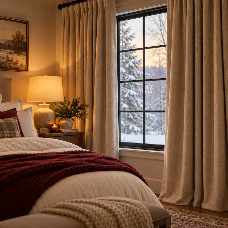 Cozy bedroom with warm lighting, beige curtains, and a snowy winter view outside.