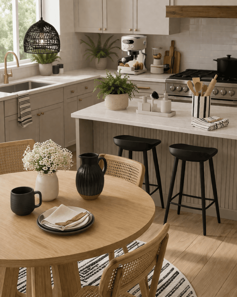 Bright kitchen featuring blue and white ceramics, fresh flowers, and natural light. Perfect for smal.