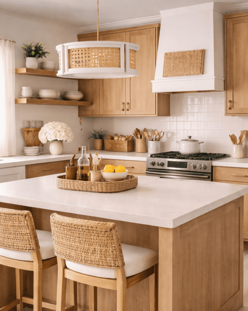 Bright kitchen featuring blue and white ceramics, fresh flowers, and natural light. Perfect for smal.