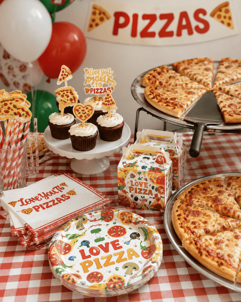 Bright pizza and cupcake display at a themed party with "Love You More Than Pizzas" decorations and.