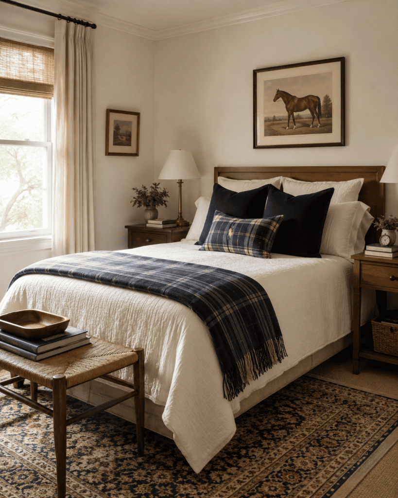 Elegant bedroom with horse painting, wooden furniture, and natural light.