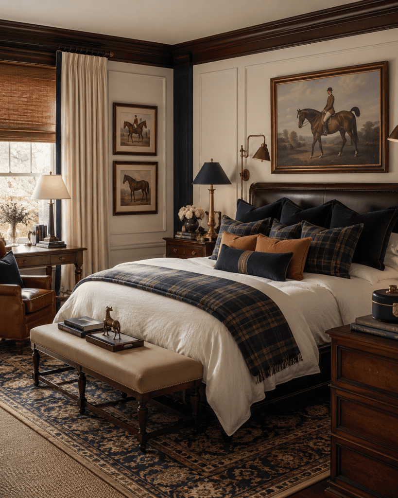 Luxurious bedroom with horse-themed artwork and classic decor.