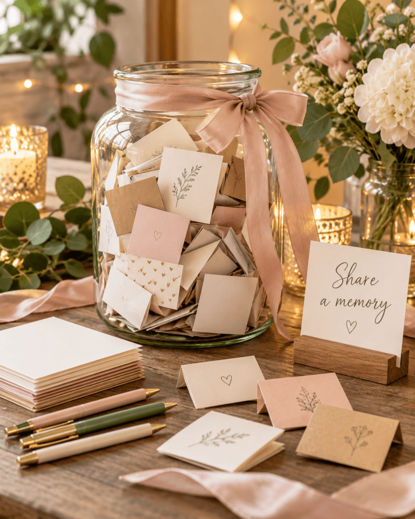 Decorative memory jar with stationery and flowers for special occasions.