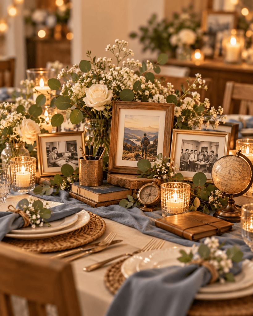 Beautiful wedding table with floral centerpiece, candles, and framed photos.