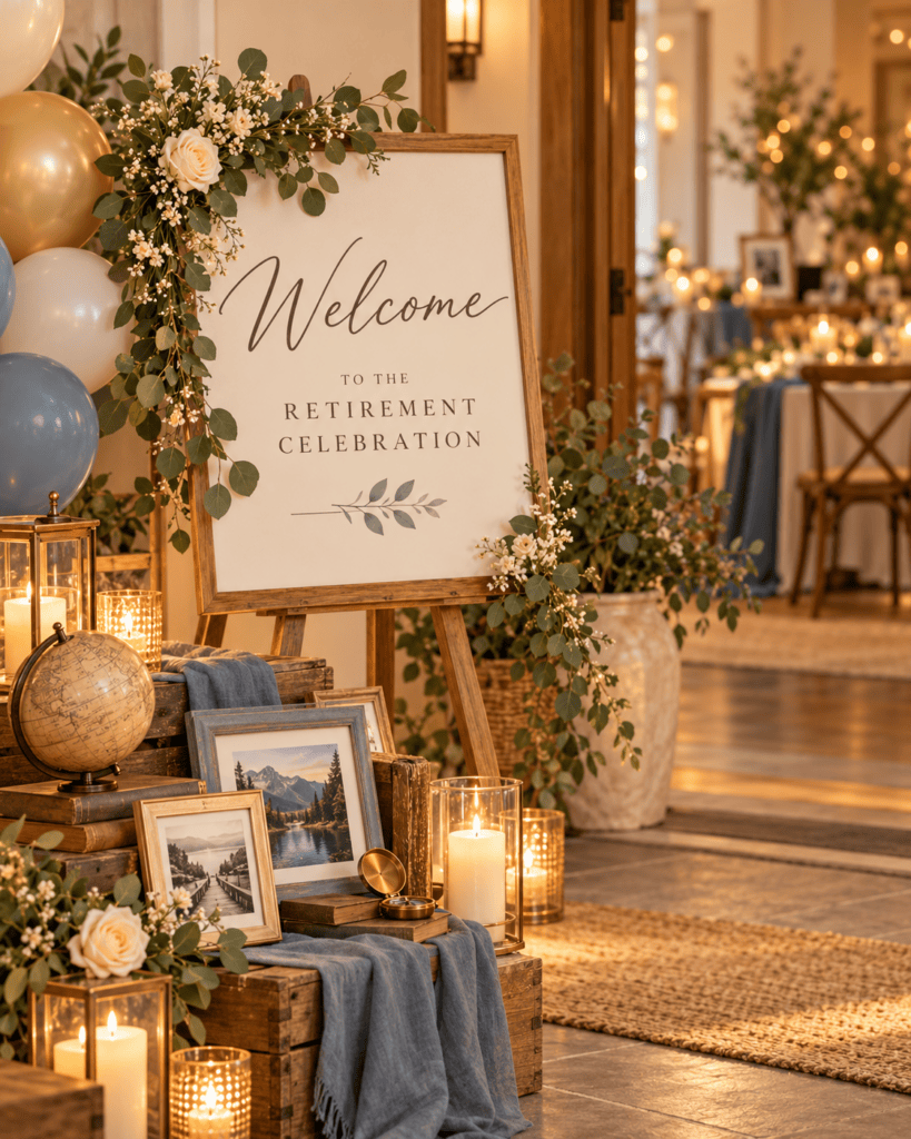 Elegant retirement celebration decor with welcome sign and balloons.