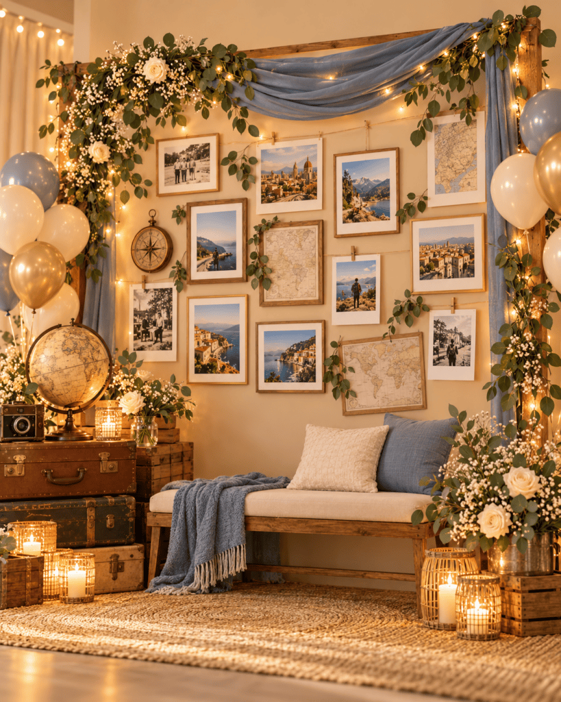 Elegant photo wall with balloons, greenery, and framed pictures for celebration.