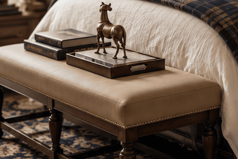 Decorative brass horse figurine on a bedroom bench with books and bedding.