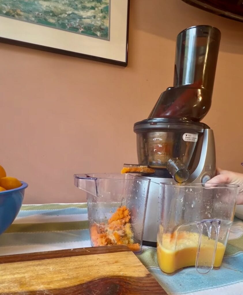 Juice and pulp being processed in a kitchen juicer machine with containers.