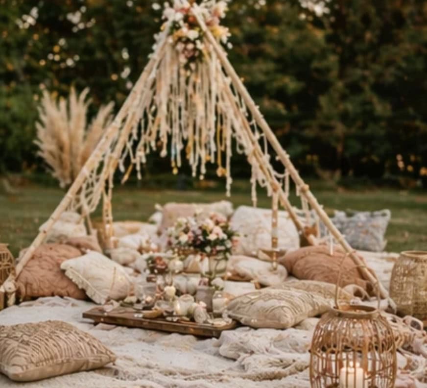 Bohemian outdoor wedding setup with cushions, flowers, and lanterns in a garden.