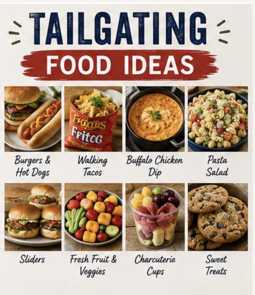 Variety of tailgating food ideas including burgers, tacos, dip, pasta salad, and desserts.