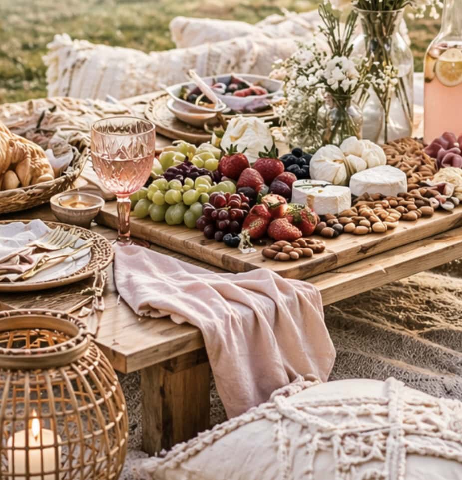 Elegant outdoor picnic setup with fruits, cheese, and floral decorations.
