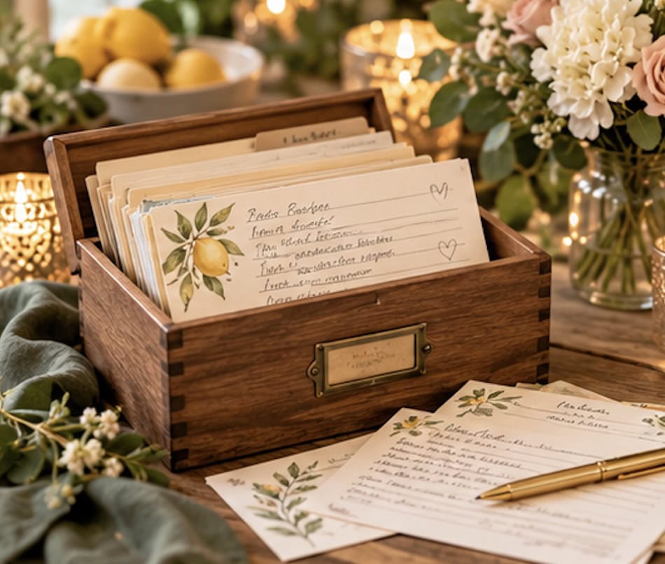 Vintage wooden box with handwritten letters and floral decorations for wedding or event planning.