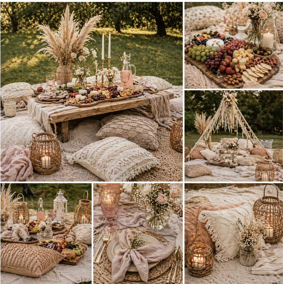 Elegant outdoor boho picnic setup with flowers, candles, and cozy cushions.