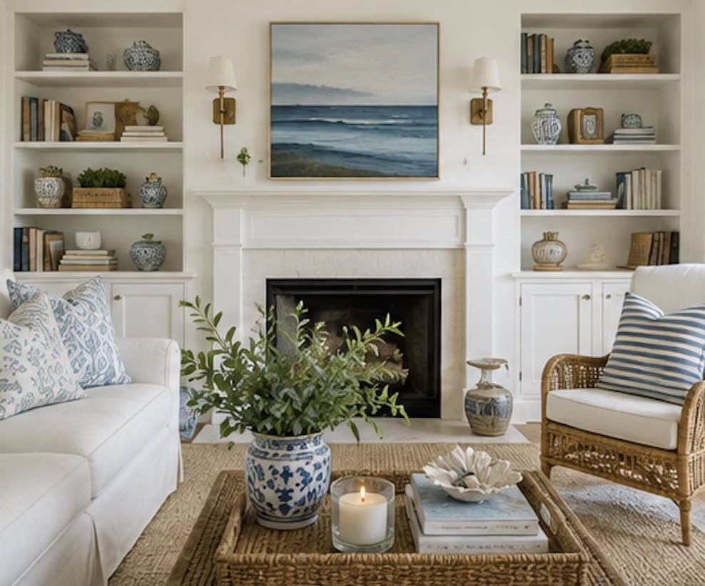 Elegant living room with white shelves, fireplace, and coastal decor accents.