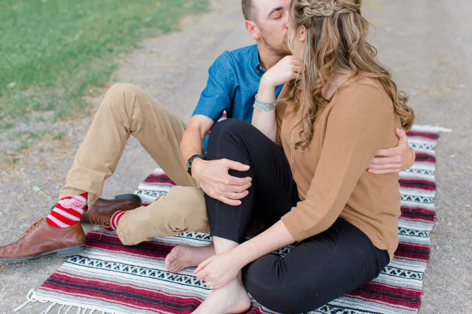 Fun on the Farm - Farm Photo Session - Farm Engagement Session - Blue and Brown Engagement Session Inspiration - Natural Engagement Session Posing - Ideas for what to wear for Engagement Photography, Modern Engagement Session Inspiration Wardrobe Ideas. Unsure of what to wear for your engagement photos, we've got you! Romantic brown with black leggings for Summer Engagement in Almonte. Grey Loft Studio is Ottawa's Wedding and Engagement Photographer for Real couples, showcasing photos that are modern, bright, and fun.