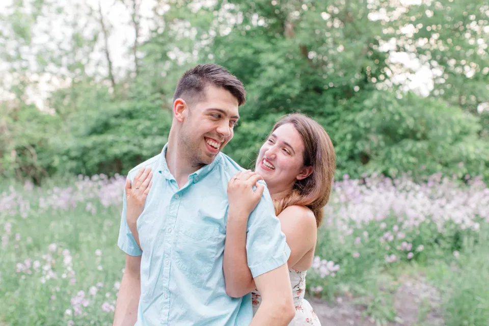 Beautiful Bride to Be - Engagement Photo Session Fun - Ideas for what to wear for Engagement Photography, Modern Engagement Session Inspiration Wardrobe Ideas. Unsure of what to wear for your engagement photos, we've got you! Romantic white with Pink Flower dress for Spring Engagement in Ottawa. Grey Loft Studio is Ottawa's Wedding and Engagement Photographer for Real couples, showcasing photos that are modern, bright, and fun.
