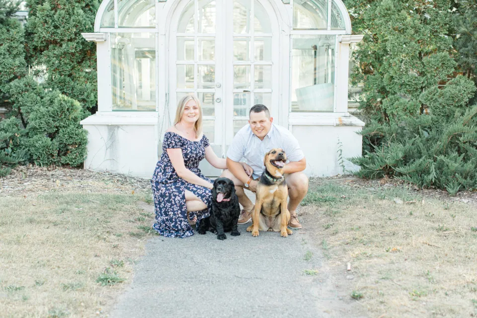 Summer Engagement Session inspiration -Dogs in Photos - Neutrals, Blues, Flowy Dress - Floral Print Navy - Grey Loft Studio - Ottawa Wedding Photographer - Wedding Videographer - Fun, Natural, Bright Photo Video Team. - Photographe - Greyloft - Ottawa Engagement Pictures