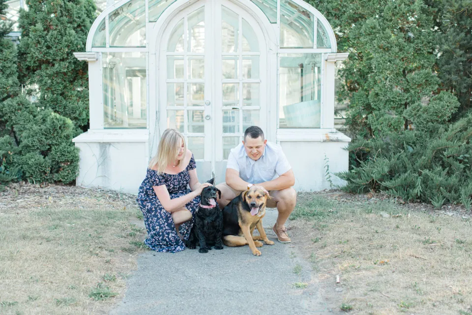 Summer Engagement Session inspiration - Neutrals, Blues, Flowy Dress - Floral Print Navy - Grey Loft Studio - Ottawa Wedding Photographer - Wedding Videographer - Fun, Natural, Bright Photo Video Team. - Photographe - Greyloft - Ottawa Engagement Pictures - dogs in Photos