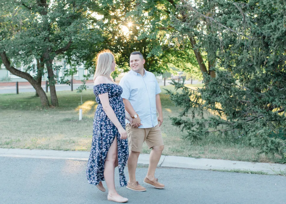 Natural Posing during Engagement Session - Summer Engagement Session inspiration - Neutrals, Blues, Flowy Dress - Floral Print Navy - Grey Loft Studio - Ottawa Wedding Photographer - Wedding Videographer - Fun, Natural, Bright Photo Video Team. - Photographe - Greyloft - Ottawa Engagement Pictures