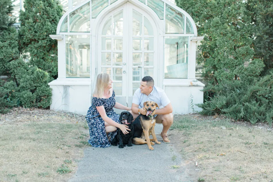 Summer Engagement Session inspiration - Neutrals, Blues, Flowy Dress - Floral Print Navy - Grey Loft Studio - Ottawa Wedding Photographer - Wedding Videographer - Fun, Natural, Bright Photo Video Team. - Photographe - Greyloft - Ottawa Engagement Pictures - Dogs in Photos