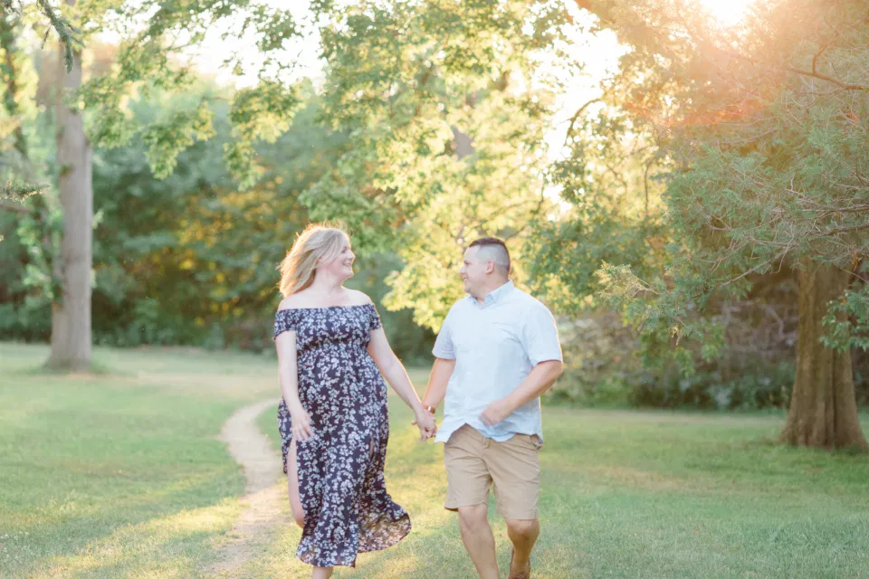 Arboretum Engagement Session with Dogs - Summer Engagement Session inspiration - Neutrals, Blues, Flowy Dress - Floral Print Navy - Grey Loft Studio - Ottawa Wedding Photographer - Wedding Videographer - Fun, Natural, Bright Photo Video Team. - Photographe - Greyloft - Ottawa Engagement Pictures
