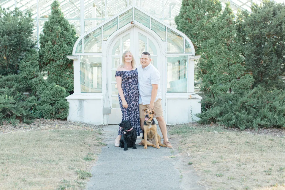 Summer Engagement Session inspiration - Neutrals, Blues, Flowy Dress - Floral Print Navy - Grey Loft Studio - Ottawa Wedding Photographer - Wedding Videographer - Fun, Natural, Bright Photo Video Team. - Photographe - Greyloft - Ottawa Engagement Pictures - Dogs Posing in Photos